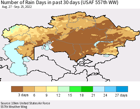 Kazakhstan Number of Rain Days in past 30 days (USAF 557th WW) 09/25/2022 Thematic Map For 9/21/2022 - 9/25/2022