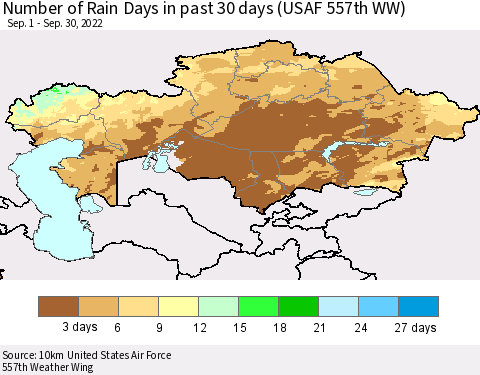Kazakhstan Number of Rain Days in past 30 days (USAF 557th WW) 09/30/2022 Thematic Map For 9/26/2022 - 9/30/2022