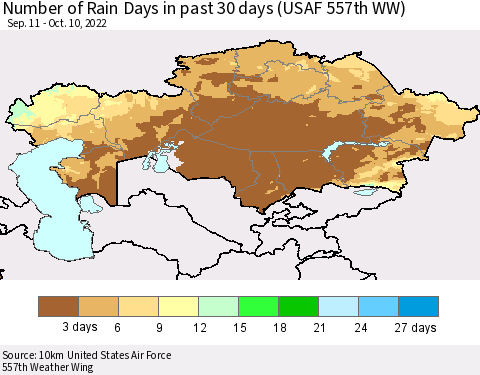 Kazakhstan Number of Rain Days in past 30 days (USAF 557th WW) 10/10/2022 Thematic Map For 10/6/2022 - 10/10/2022
