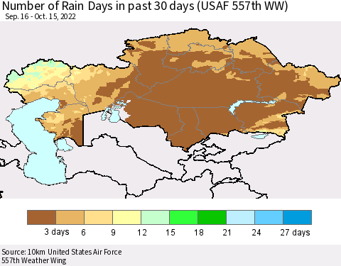 Kazakhstan Number of Rain Days in past 30 days (USAF 557th WW) 10/15/2022 Thematic Map For 10/11/2022 - 10/15/2022