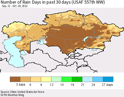Kazakhstan Number of Rain Days in past 30 days (USAF 557th WW) 10/20/2022 Thematic Map For 10/16/2022 - 10/20/2022