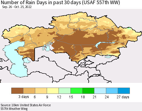 Kazakhstan Number of Rain Days in past 30 days (USAF 557th WW) 10/25/2022 Thematic Map For 10/21/2022 - 10/25/2022