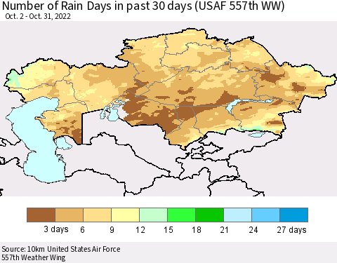 Kazakhstan Number of Rain Days in past 30 days (USAF 557th WW) 10/31/2022 Thematic Map For 10/26/2022 - 10/31/2022