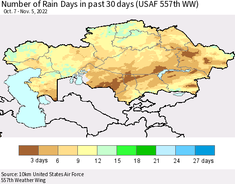 Kazakhstan Number of Rain Days in past 30 days (USAF 557th WW) 11/05/2022 Thematic Map For 11/1/2022 - 11/5/2022