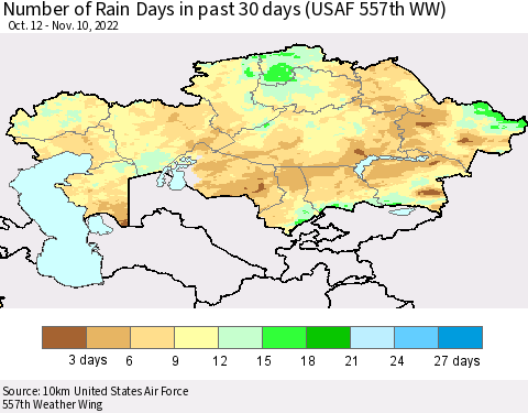 Kazakhstan Number of Rain Days in past 30 days (USAF 557th WW) 11/10/2022 Thematic Map For 11/6/2022 - 11/10/2022