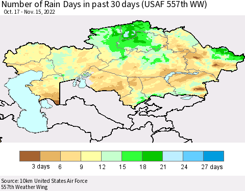Kazakhstan Number of Rain Days in past 30 days (USAF 557th WW) 11/15/2022 Thematic Map For 11/11/2022 - 11/15/2022