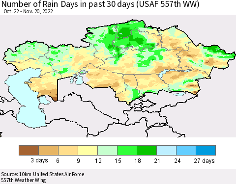 Kazakhstan Number of Rain Days in past 30 days (USAF 557th WW) 11/20/2022 Thematic Map For 11/16/2022 - 11/20/2022
