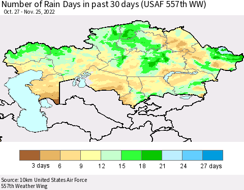 Kazakhstan Number of Rain Days in past 30 days (USAF 557th WW) 11/25/2022 Thematic Map For 11/21/2022 - 11/25/2022