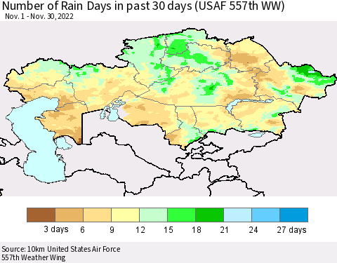 Kazakhstan Number of Rain Days in past 30 days (USAF 557th WW) 11/30/2022 Thematic Map For 11/26/2022 - 11/30/2022