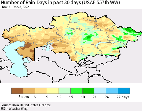 Kazakhstan Number of Rain Days in past 30 days (USAF 557th WW) 12/05/2022 Thematic Map For 12/1/2022 - 12/5/2022
