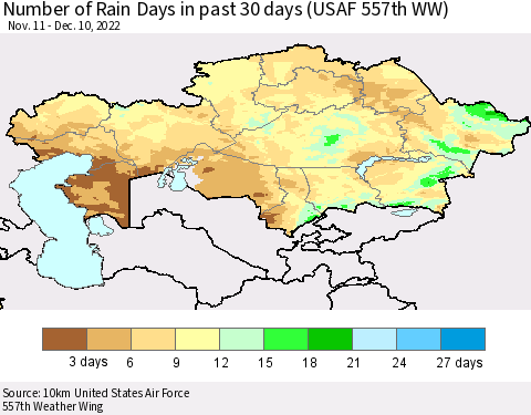 Kazakhstan Number of Rain Days in past 30 days (USAF 557th WW) 12/10/2022 Thematic Map For 12/6/2022 - 12/10/2022