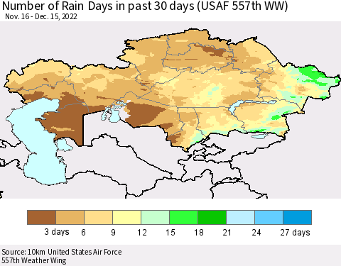 Kazakhstan Number of Rain Days in past 30 days (USAF 557th WW) 12/15/2022 Thematic Map For 12/11/2022 - 12/15/2022