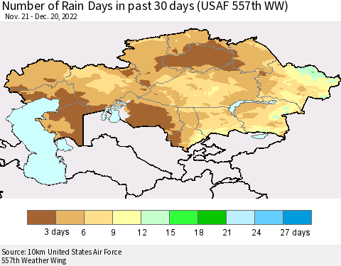 Kazakhstan Number of Rain Days in past 30 days (USAF 557th WW) 12/20/2022 Thematic Map For 12/16/2022 - 12/20/2022
