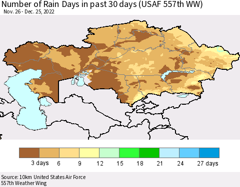Kazakhstan Number of Rain Days in past 30 days (USAF 557th WW) 12/25/2022 Thematic Map For 12/21/2022 - 12/25/2022