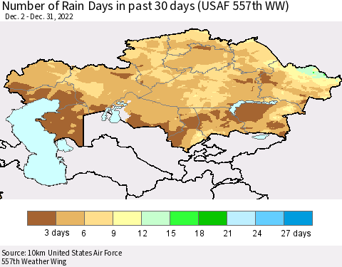 Kazakhstan Number of Rain Days in past 30 days (USAF 557th WW) 12/31/2022 Thematic Map For 12/26/2022 - 12/31/2022