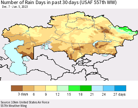 Kazakhstan Number of Rain Days in past 30 days (USAF 557th WW) 01/05/2023 Thematic Map For 1/1/2023 - 1/5/2023