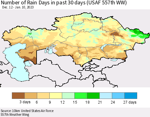 Kazakhstan Number of Rain Days in past 30 days (USAF 557th WW) 01/10/2023 Thematic Map For 1/6/2023 - 1/10/2023