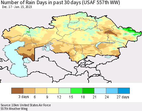 Kazakhstan Number of Rain Days in past 30 days (USAF 557th WW) 01/15/2023 Thematic Map For 1/11/2023 - 1/15/2023