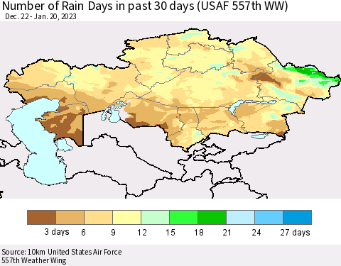 Kazakhstan Number of Rain Days in past 30 days (USAF 557th WW) 01/20/2023 Thematic Map For 1/16/2023 - 1/20/2023