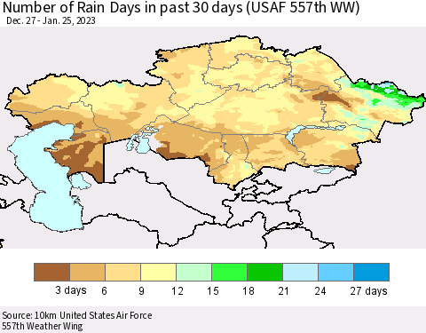Kazakhstan Number of Rain Days in past 30 days (USAF 557th WW) 01/25/2023 Thematic Map For 1/21/2023 - 1/25/2023