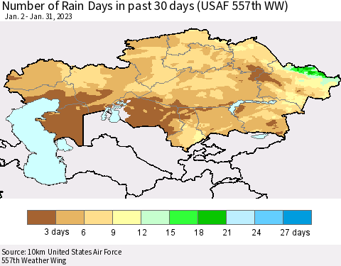 Kazakhstan Number of Rain Days in past 30 days (USAF 557th WW) 01/31/2023 Thematic Map For 1/26/2023 - 1/31/2023