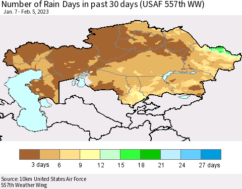 Kazakhstan Number of Rain Days in past 30 days (USAF 557th WW) 02/05/2023 Thematic Map For 2/1/2023 - 2/5/2023
