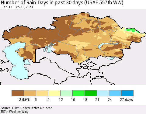Kazakhstan Number of Rain Days in past 30 days (USAF 557th WW) 02/10/2023 Thematic Map For 2/6/2023 - 2/10/2023