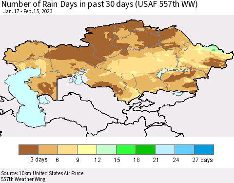 Kazakhstan Number of Rain Days in past 30 days (USAF 557th WW) 02/15/2023 Thematic Map For 2/11/2023 - 2/15/2023
