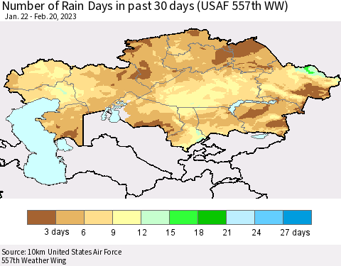 Kazakhstan Number of Rain Days in past 30 days (USAF 557th WW) 02/20/2023 Thematic Map For 2/16/2023 - 2/20/2023