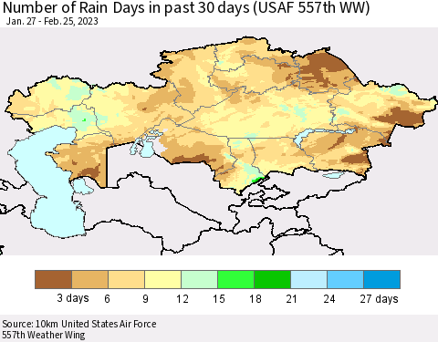 Kazakhstan Number of Rain Days in past 30 days (USAF 557th WW) 02/25/2023 Thematic Map For 2/21/2023 - 2/25/2023