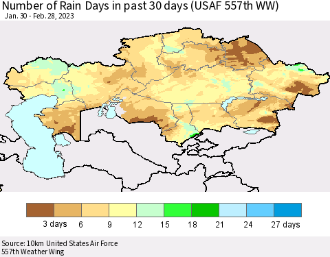 Kazakhstan Number of Rain Days in past 30 days (USAF 557th WW) 02/28/2023 Thematic Map For 2/26/2023 - 2/28/2023