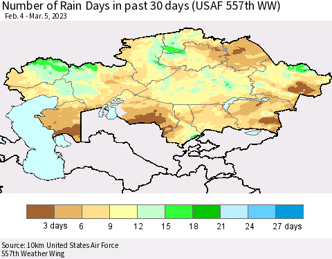 Kazakhstan Number of Rain Days in past 30 days (USAF 557th WW) 03/05/2023 Thematic Map For 3/1/2023 - 3/5/2023