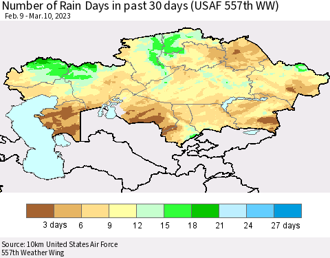 Kazakhstan Number of Rain Days in past 30 days (USAF 557th WW) 03/10/2023 Thematic Map For 3/6/2023 - 3/10/2023