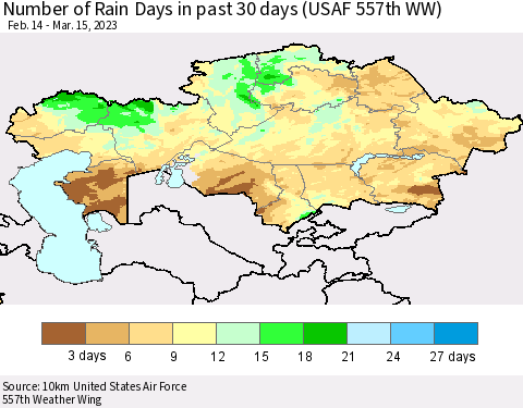 Kazakhstan Number of Rain Days in past 30 days (USAF 557th WW) 03/15/2023 Thematic Map For 3/11/2023 - 3/15/2023