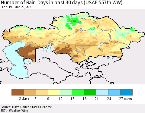 Kazakhstan Number of Rain Days in past 30 days (USAF 557th WW) 03/20/2023 Thematic Map For 3/16/2023 - 3/20/2023