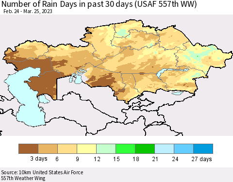 Kazakhstan Number of Rain Days in past 30 days (USAF 557th WW) 03/25/2023 Thematic Map For 3/21/2023 - 3/25/2023