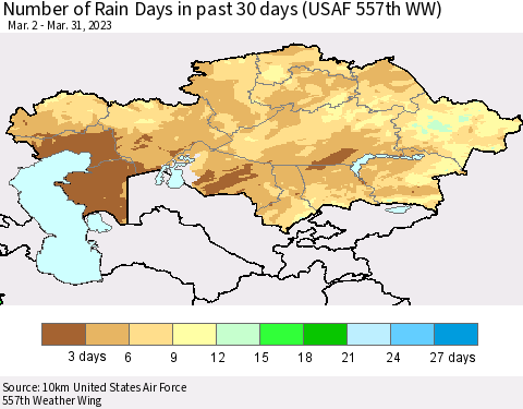 Kazakhstan Number of Rain Days in past 30 days (USAF 557th WW) 03/31/2023 Thematic Map For 3/26/2023 - 3/31/2023