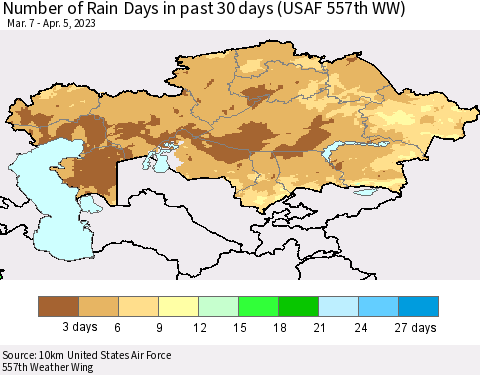 Kazakhstan Number of Rain Days in past 30 days (USAF 557th WW) 04/05/2023 Thematic Map For 4/1/2023 - 4/5/2023