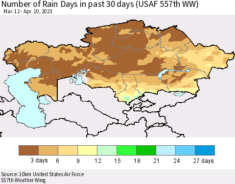 Kazakhstan Number of Rain Days in past 30 days (USAF 557th WW) 04/10/2023 Thematic Map For 4/6/2023 - 4/10/2023