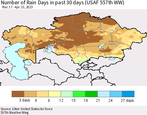 Kazakhstan Number of Rain Days in past 30 days (USAF 557th WW) 04/15/2023 Thematic Map For 4/11/2023 - 4/15/2023