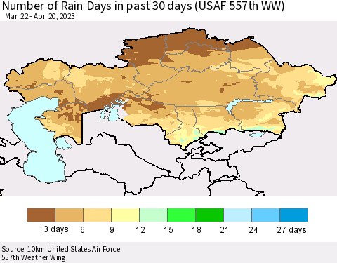 Kazakhstan Number of Rain Days in past 30 days (USAF 557th WW) 04/20/2023 Thematic Map For 4/16/2023 - 4/20/2023