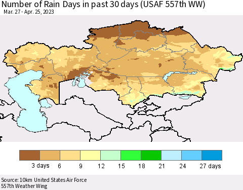 Kazakhstan Number of Rain Days in past 30 days (USAF 557th WW) 04/25/2023 Thematic Map For 4/21/2023 - 4/25/2023