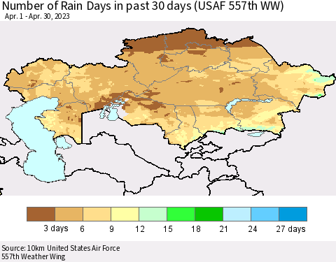 Kazakhstan Number of Rain Days in past 30 days (USAF 557th WW) 04/30/2023 Thematic Map For 4/26/2023 - 4/30/2023