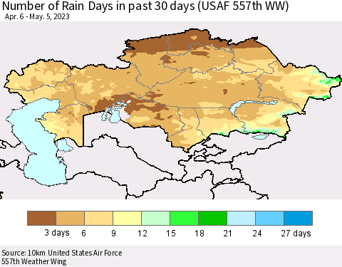 Kazakhstan Number of Rain Days in past 30 days (USAF 557th WW) 05/05/2023 Thematic Map For 5/1/2023 - 5/5/2023