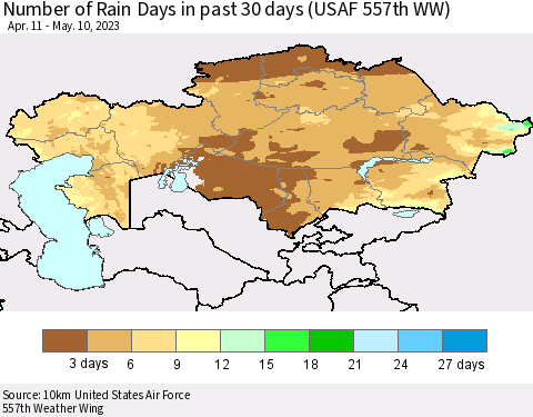 Kazakhstan Number of Rain Days in past 30 days (USAF 557th WW) 05/10/2023 Thematic Map For 5/6/2023 - 5/10/2023