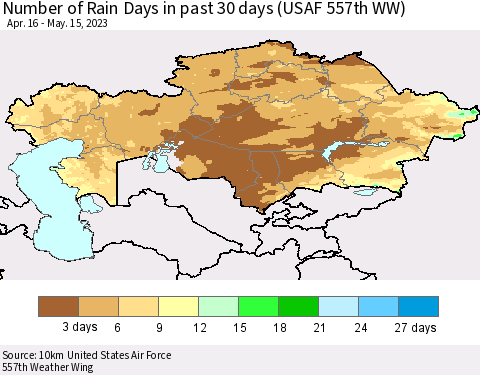 Kazakhstan Number of Rain Days in past 30 days (USAF 557th WW) 05/15/2023 Thematic Map For 5/11/2023 - 5/15/2023