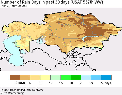 Kazakhstan Number of Rain Days in past 30 days (USAF 557th WW) 05/20/2023 Thematic Map For 5/16/2023 - 5/20/2023