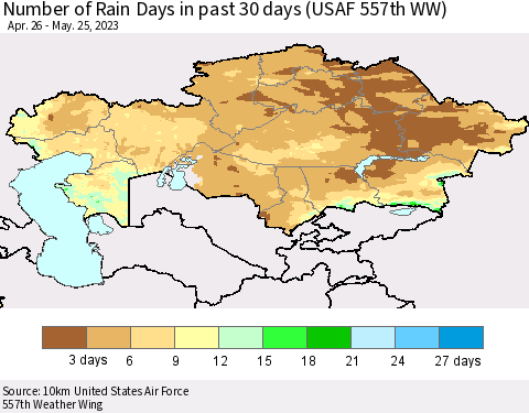 Kazakhstan Number of Rain Days in past 30 days (USAF 557th WW) 05/25/2023 Thematic Map For 5/21/2023 - 5/25/2023
