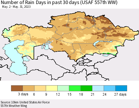 Kazakhstan Number of Rain Days in past 30 days (USAF 557th WW) 05/31/2023 Thematic Map For 5/26/2023 - 5/31/2023