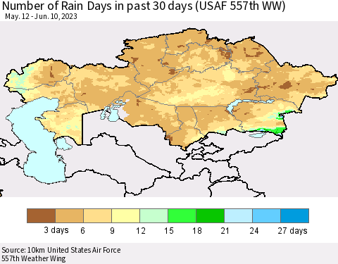 Kazakhstan Number of Rain Days in past 30 days (USAF 557th WW) 06/10/2023 Thematic Map For 6/6/2023 - 6/10/2023